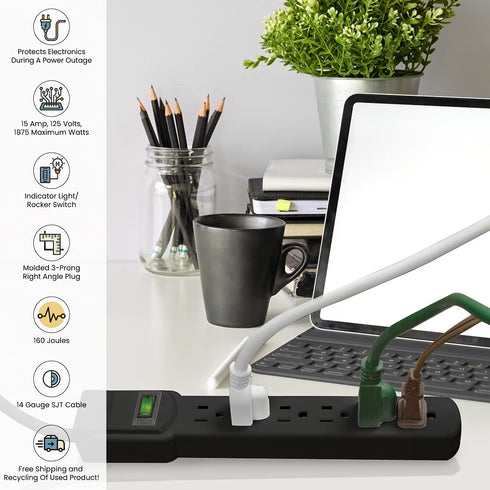 GoGreen Power (GG-16103MSBK) 6 Outlet Surge Protector, Black, 2.5 Ft. Cord