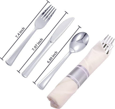 N9R 30 Pack Pre Rolled Silver Plastic Cutlery Set, Wrapped Plastic Silverware Set with 30 Forks, 30 Knives, 30 Spoons and 30 Napkins, Disposable Cutlery Set for Party and Wedding
