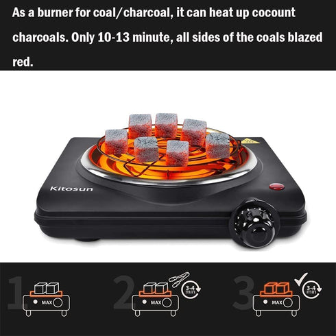 Single Hot Plate Charcoal Coal Burner Electric Stove Portable Fast Heating with Adjustable Temperature Control & Stainless Steel Grill for Cooking Camping (1000W)