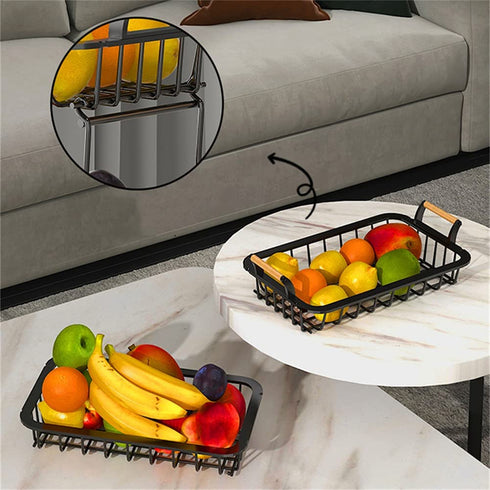 Tngan 2 Tier Fruit Basket Detachable Metal Wire Basket with Wooden Handles Fruit Bread Vegetables Storage Bowl Holder for Kitchen Worktop Dining Table, Black