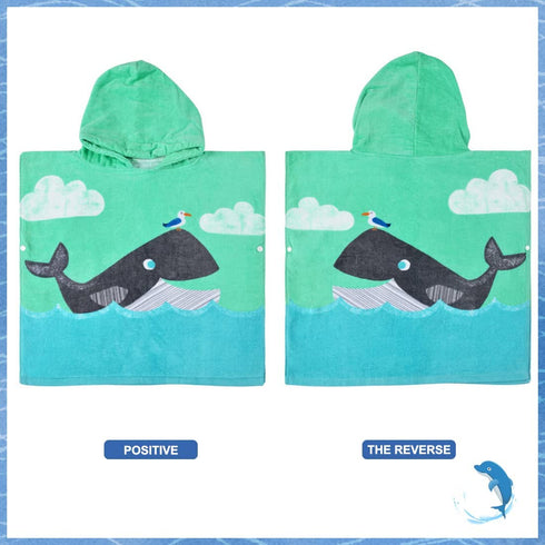 SearchI Kids Hooded Bath Towel, Soft Cotton Beach Swim Pool Poncho Bath Towel for Boys Girls Age 2 to 6 Years Green Whale, 23 x 24 inches
