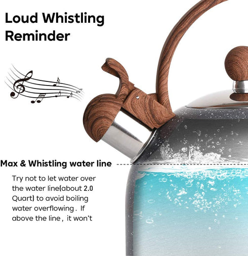 Tea Kettle - VONIKI 2.5 Quart Tea Kettles Stovetop Whistling Teapot Stainless Steel Tea Pots for Stove Top Whistle Tea Pot With Wood Pattern Anti-Hot Handle Teakettle Black