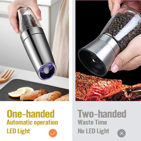 AVNICUD Electric Pepper Grinder, Automatic Pepper Mill, Electric Spice grinder, Battery-Operated with Adjustable Coarseness, LED Light, One Hand Operated (Silver 1Pack)