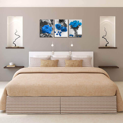 Ardemy Canvas Wall Art Blue Rose 3 Panels Flowers Pictures Prints Black and White Painting Modern Romantic Florals Framed Ready to Hang for Bathroom Bedroom Living Room Spa Kitchen Wall Decor