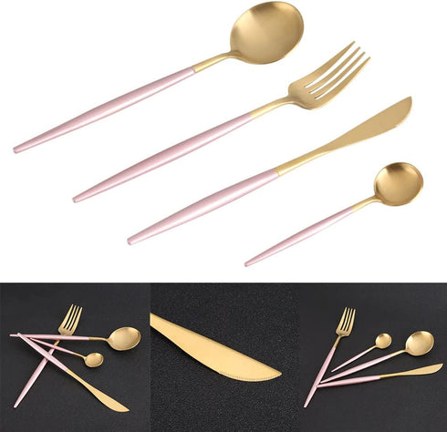 4 Pieces Stainless Steel Tableware Set Flatware Cutlery Set Including Steak Fork Spoons Knife Dinnerware Anti-Rust Utensil Set(Pink + Golden)