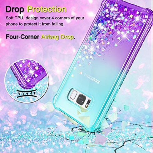Gritup Galaxy S8 Case, Galaxy S8 Phone Case with HD Screen Protector for Girls Women, Cute Clear Gradient Glitter Liquid TPU Slim Phone Case for Samsung Galaxy S8 Teal/Purple