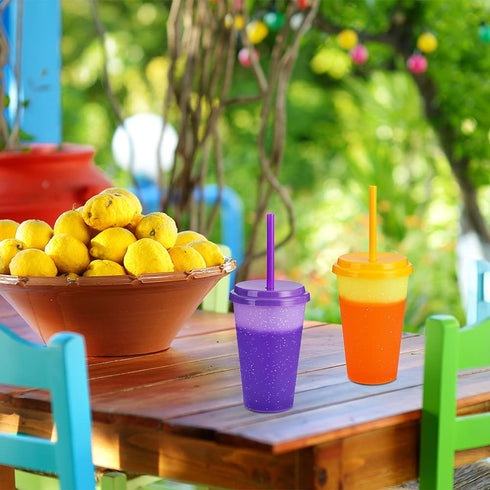Color Changing Cups with Lids & Straws - 12 oz Reusable Cute Plastic Tumbler Bulk - 7 Pack Kids Small Funny Travel Straw Tumblers/ Adults Iced Cold Drinking Party Cup