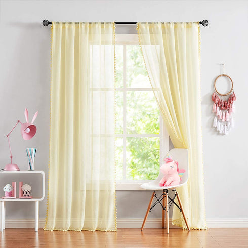 Pom Pom Yellow Sheer Curtains for Girl's Room 63" Linen Texture Voile Draperies for Bedroom 52" w 2 Pack