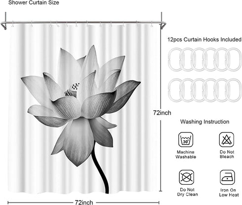 ArtBones Lotus Shower Curtain White Waterlily Elegant Flower Bathroom Shower Curtain Cloth Fabric with Hooks 72x72inch Black White (White Lotus)