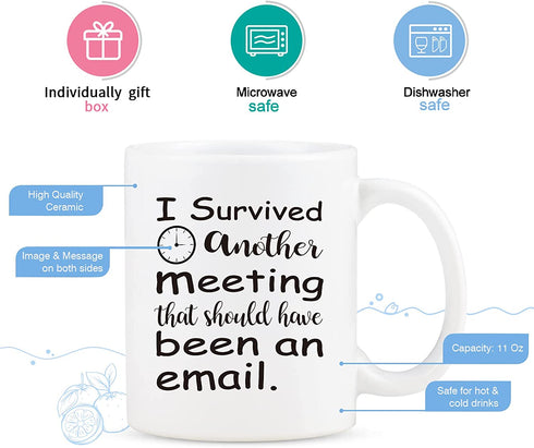 I Survived Another Meeting That Should Have Been An Email Mug, Christmas Birthday Gift for Boss, Coworker, Employee, Friends, Funny Coffee Mug for Women, Men, Novelty Email Mug 11 Oz White