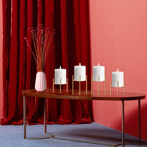 Jiyimi Christmas Gold Geometric Candle Holders Set of 4 for Table Centerpiece Metal Iron Fireplace Candelabras Candlestick Centerpieces Straight Triangle Stands for Pillar Candles Floor