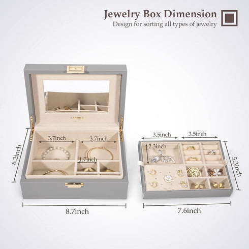LANDICI Jewelry Box Organizer for Women Teen Girls, Large Jewelry Storage Case with Mirror and 2 Layer Removable Tray, Leather Jewellery Display Holder for Ring Necklace Earring Bracelets, Grey