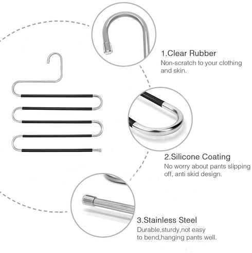 Myfolrena Pants Hangers Non Slip Updated S-Shaped 5 Layers Hangers Closet Space Saver for Jeans Scarf Tie Clothes(4-Pack)