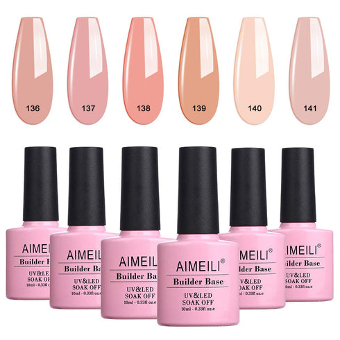 AIMEILI Builder Base Sheer Color Gel, No Need Slip Solution Builder Extension, Soak Off Gel Nail Polish 6pcs X 10ml - Kit Set 34