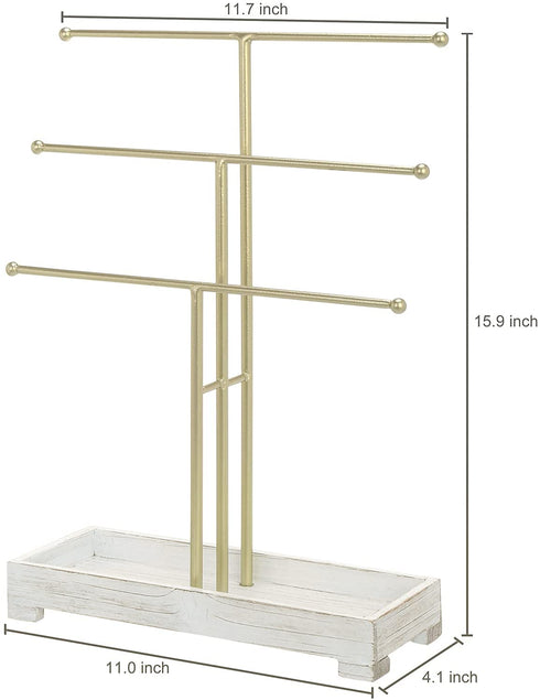 MyGift 3-Tier Gold Metal Jewelry Organizer Stand, Necklace and Bracelet Hanging Bar with Vintage White Wood Ring Tray