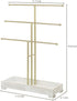 MyGift 3-Tier Gold Metal Jewelry Organizer Stand, Necklace and Bracelet Hanging Bar with Vintage White Wood Ring Tray