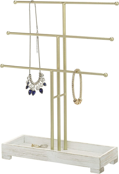MyGift 3-Tier Gold Metal Jewelry Organizer Stand, Necklace and Bracelet Hanging Bar with Vintage White Wood Ring Tray