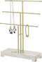 MyGift 3-Tier Gold Metal Jewelry Organizer Stand, Necklace and Bracelet Hanging Bar with Vintage White Wood Ring Tray