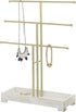 MyGift 3-Tier Gold Metal Jewelry Organizer Stand, Necklace and Bracelet Hanging Bar with Vintage White Wood Ring Tray