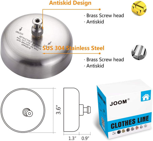 JOOM Retractable Clothesline Stainless Steel Heavy Duty 9Feet(MAX) for Hanging Drying in Bathroom Laundry Hotels, Chrome Finish,Round Style (Round B, Brushed Nickel)¦