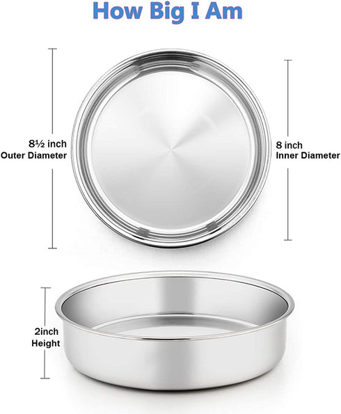 8 Inch Cake Pan Set of 4, E-far Stainless Steel Round Layer Cake Baking Pans, Non-Toxic & Healthy, Mirror Finish & Dishwasher Safe