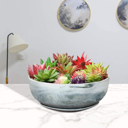 G EPGardening 8in Marble Pattern Large Round Succulent Planter Pot Modern Flower Pot Indoor and Outdoor Planter with Marble Tray