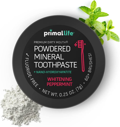 Primal Life Organics - Dirty Mouth Toothpowder, Activated Charcoal Tooth Cleaning Powder, Essential Oils With Hydroxyapatite, Kaolin & Bentonite Clay, 60+ Brushings, Organic, Vegan (Black Peppermint, 0.25 oz)