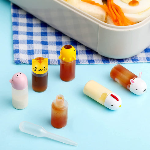 14 Pieces Bento Soy Sauce Case Container Bento Box Accessories, Mini Condiment Plastic Bottle with Dropper, Cute Animal Lunch Sauce Case Container for Kids Hiking Travel Lunch Salad Ketchup Syrup Oil