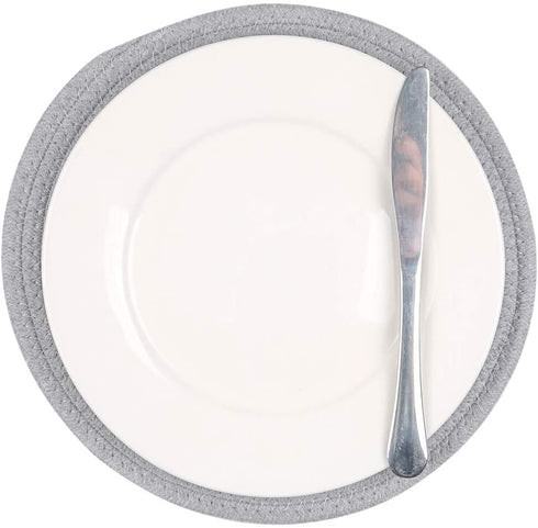 SHACOS Round Placemats Set of 4 Heat Resistant Cotton Rope Braided 12 inch Place Mats for Dining Table Thick Fabric Absorbent Table Mats Trivet (Light Gray, 12 Inch)
