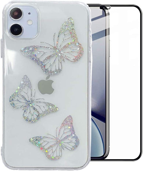 LUSAMYE iPhone 11 Case with Screen Protector, Clear Cute Butterfly Design Soft TPU Electroplated Cover Bling Glitter Cool Slim Trendy Pattern for Girl Women Apple iPhone 11 Phone Case - Butterfly