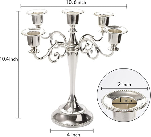 YOUEON 5 Arm Candelabra, Silver Candle Holder, 10.4 Inch 5 Tall Candelabra Candelabra Candle Holder for 1 Inch Diameter Pillar Candles, Candelabra Decoration, Wedding, Dinner Party, Home Decoration