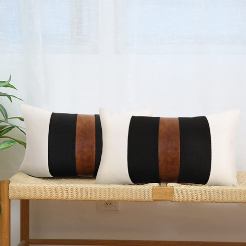 JASEN Set of 2 Faux Leather and Linen Lumbar Pillow Covers 12x20 Inch Black and White Modern Farmhouse Rectangular Accent Cushion Covers for Couch Sofa
