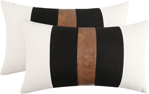 JASEN Set of 2 Faux Leather and Linen Lumbar Pillow Covers 12x20 Inch Black and White Modern Farmhouse Rectangular Accent Cushion Covers for Couch Sofa