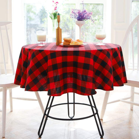 YAD 55 Inch Buffalo Plaid Round Tablecloth Checkered Round Table Cover for Christmas Decor Wedding Kitchen Dinning Room Party Home Picnic (Red and Black, Round 55") (RED)