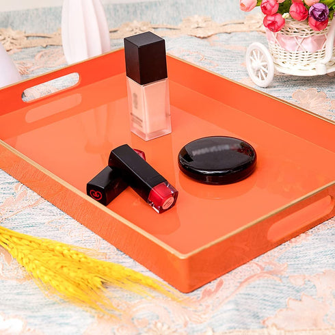 MAONAME Orange Serving Tray with Handles, Modern Decorative Tray for Coffee Table, Plastic Rectangular Tray for Ottoman, Bathroom, Decor, 15.75 x 10.2 x1.57