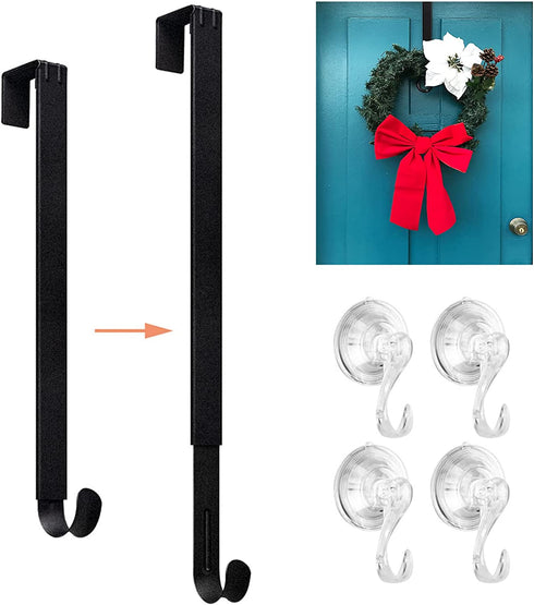 Wreath Hanger, VIS'V 15-24 Inch Adjustable Metal Wreath Hanger Front Door 20 LB Heavy Duty Over Door Wreath Hook with 4 Clear Suction Wreath Holders for Halloween Christmas Wreath Decoration - Black
