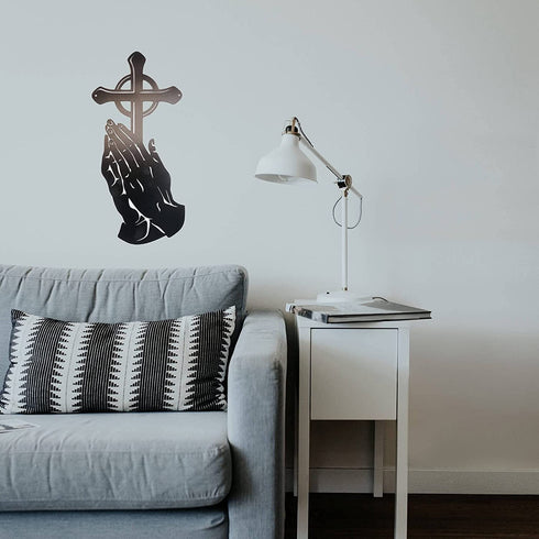 Steel Peaceful Praying Hands with Cross for Prayer - 15"X7" Inch Large Metal Wall Mount Holy Decor and Bibical Hanging Decoration (Black)