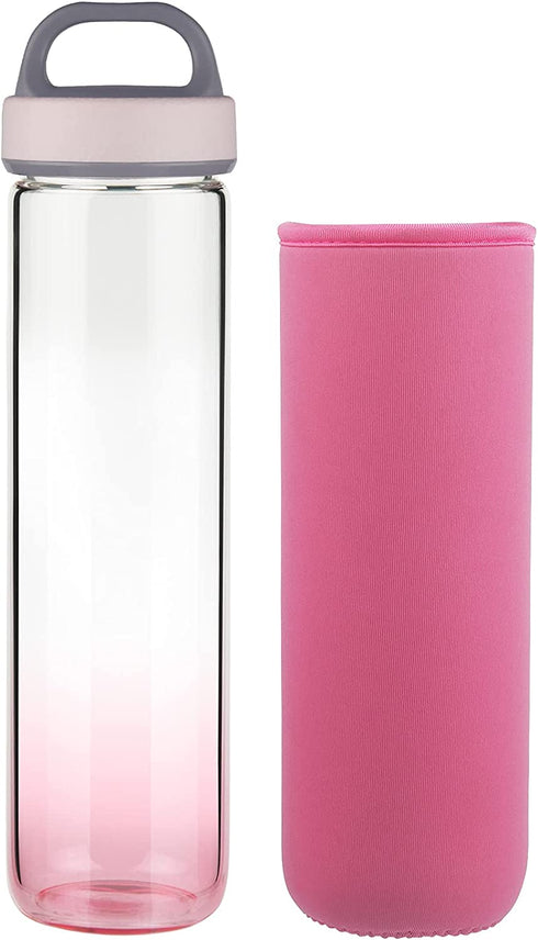 Life4u Reusable Borosilicate Glass Water Bottle Wide Mouth with Neoprene Sleeve Glass Drinking Bottle BPA Free (Pink)