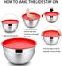 Mixing Bowls with Red Lids Set, P&P CHEF Stainless Steel Mix Nested Bowl for Salad Fruits Egg Cream Mixing, Size 4.6, 3, 1.5, 1, 0.7 QT, Refrigerator & Dishwasher Safe