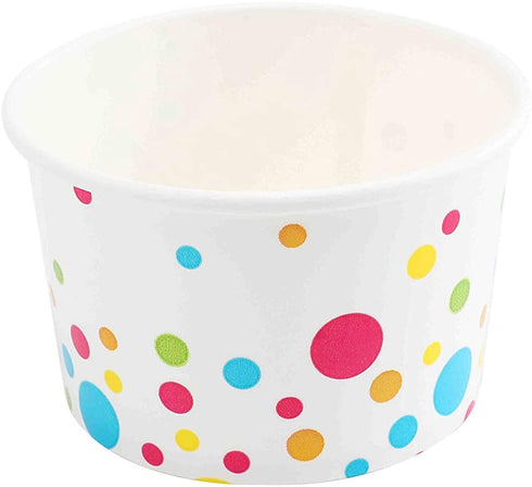 Paper Ice Cream Cups (Polka Dots Design) - 100-Count - 8 oz Disposable Dessert Bowls for Hot or Cold Food, 8-Ounce Party Supplies Treat Cups for Sundae, Frozen Yogurt, Soup, White