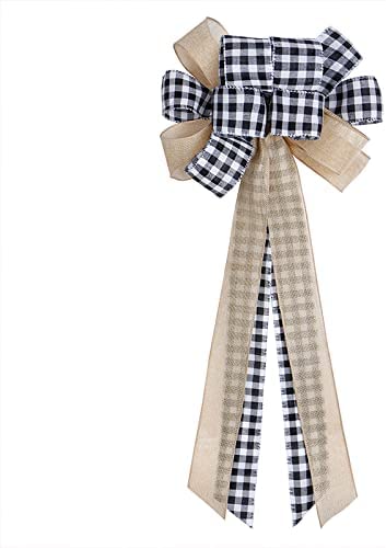 JUEJI Christmas Tree Topper?Red, Black Buffalo Plaid Burlap Decorative Bow, Ornament Decoration Bow for Christmas Tree Festival Holiday Party - Handmade
