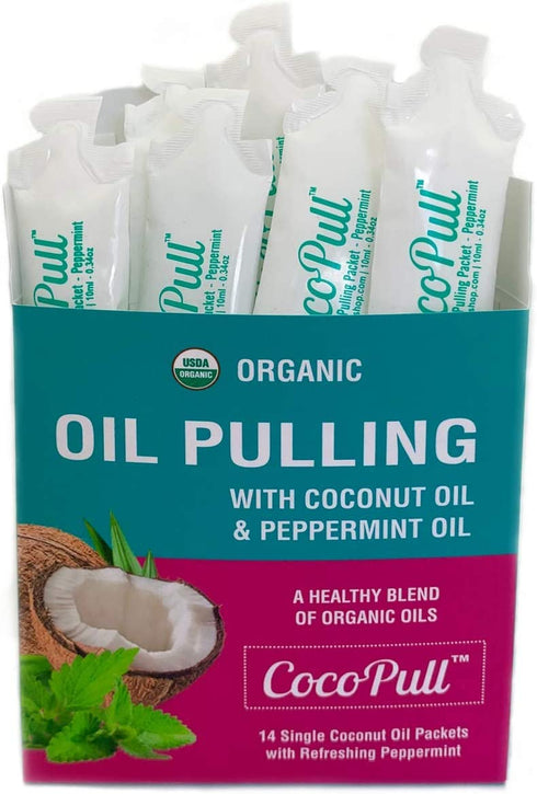 CocoPull - Organic Oil Pulling 14 Packets/Sachets with Coconut Oil and Peppermint Oil for Healthy Teeth, Gums, Bad Breath Remedy. Natural Teeth Whitening.