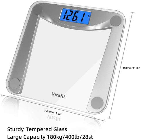 Vitafit Digital Body Weight Bathroom Scale Weighing Scale with Step-On Technology,Extra Large Blue Backlit Display and Batteries Included, 400 Pounds,Clear Glass