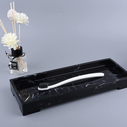 Mightree Vanity Tray Toilet Tank Tray, Black Elegant Marble Pattern Bathtub Tray, Vanity Bathroom Organizer for Collect Small Things, Make-up Desk Tray, Resin Dresser Jewelry Tray, Medium Size