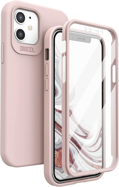Dracool Liquid Silicone Cover Compatible with iPhone 12/iPhone 12 Pro Case and Built-in Screen Protector Shockproof 360 Full Body Protection for Women Girls 3 Layer Hybrid Soft Gel Rubber - Pink