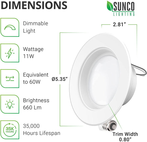 Sunco Lighting 10 Pack 4 Inch LED Recessed Downlight, Baffle Trim, Dimmable, 11W=60W, 4000K Cool White, 660 LM, Damp Rated, Simple Retrofit Installation - UL + Energy Star