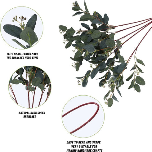 Eucalyptus Leaves Green Branches 5 Pcs Faux Stems Greenery Artificial Eucalyptus Plants Home Decor Long Oval Eucalyptus with Little Berry for Floral Arrangement Vase Bouquet Decor - Gray