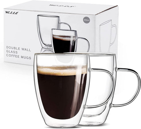 2-Pack 12 Oz Double Walled Glass Coffee Mugs with Handle,Insulated Layer Coffee Cups,Clear Borosilicate Glass Mugs,Perfect for Cappuccino,Tea,Latte,Espresso,Hot Beverage,Wine,Microwave Safe