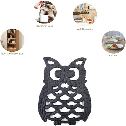 Cast Iron Trivet for Hot Dishes, Lovely Owl Pattern Black Trivet, Hot Pot Holder Pads with Rubber Pegs, Decorative for Kitchen & Dining Table