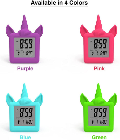 Something Unicorn - Unicorn Digital Alarm Clock with Snooze Button and Blue LCD Back-Lighting. Easy to Set Battery Powered Digital Clock in Silicone Sleeve with Time, Date and Alarm Display. (Blue)